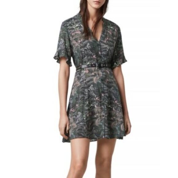 AllSaints Fay Paradeep Tropical Print Mini Dress in Black - Picture 2 of 4